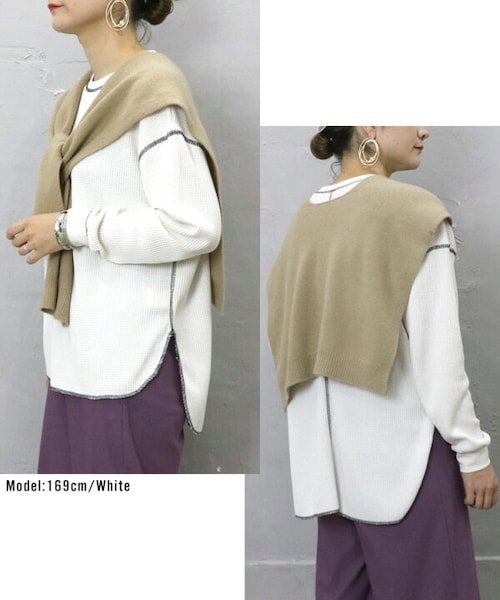 Sheson(シーズン)の「バイカラーステッチワッフルPO(Tシャツ/カットソー・レディース・ホワイト/ブラック/チャコール/ブラウン・FREE)」の6枚目の写真