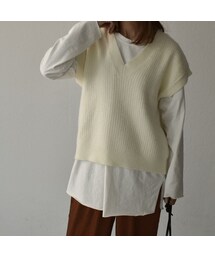 Lavish Gate | knit-02093　Vネック　ケーブルニットベスト　オフホワイト(ベスト)
