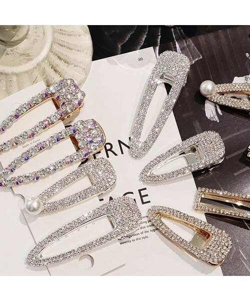 No Brand ノーブランド の キラキラ ヘアクリップ ８コセット ラインストーン ヘアピン パール クリスタル 韓国 韓国ファッション リング Wear