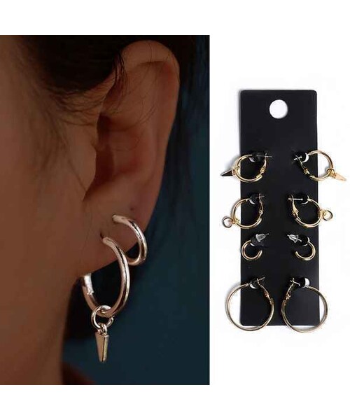 No Brand ノーブランド の メンズピアス フープピアス 8pc セット シルバー ゴールド ユニセックス Kpop 韓国ファッション リング Wear