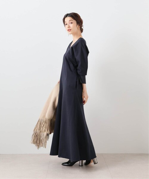 VERMEILpar iena パフスリーブウエストタックワンピースネイビー