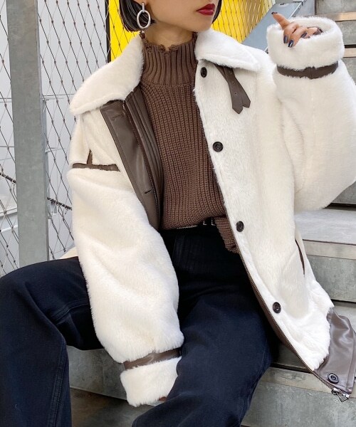 PAGEBOY（ページボーイ）の「エコファーB-３ジャケット（ジャケット/アウター・ホワイト×ブラウン/アイボリー×ブラック/ブラック）」の5枚目の写真