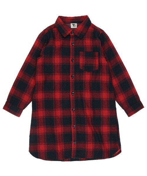 T>>2(ティーツー)の「長袖シャツワンピース(シャツワンピース・レディース・03.レッド/01.イエロー/02.グリーン/04.ブラック/05.グレー/06.ネイビー・100-150/Fサイズ(ママサイズ))」の1枚目の写真