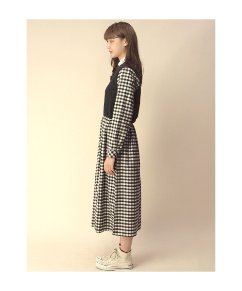 w closet（ダブルクローゼット）の「【A/W】チェック切替ロングワンピース（ワンピース/ドレス・レディース・グレー/ネイビー/ブラック・FREE）」の5枚目の写真