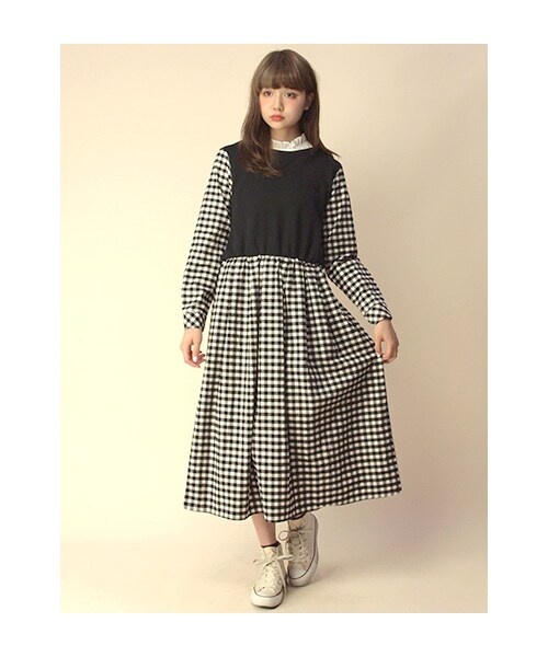 w closet（ダブルクローゼット）の「【A/W】チェック切替ロングワンピース（ワンピース/ドレス・レディース・グレー/ネイビー/ブラック・FREE）」の11枚目の写真