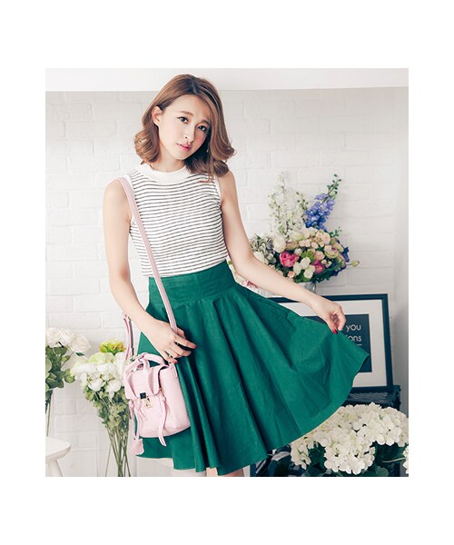 gracegift（グレースギフト）の「俏皮佳人 韓國復古高腰傘裙（スカート・レディース・黑/綠・S/M）」の7枚目の写真