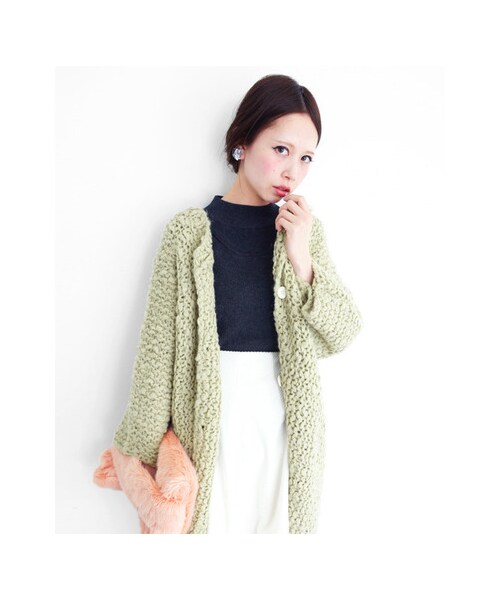 KBF（ケイビーエフ）の「ガーター編みBIGガウン（ジャケット/アウター・レディース・L.GREEN/L.BLUE/OFF・one）」の6枚目の写真