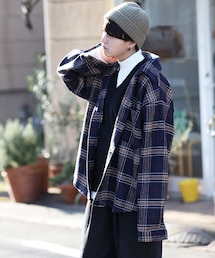 BOYSHE | ビッグシルエット チェックシャツジャケット　ネイビー(シャツ/ブラウス)