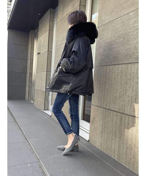 ポリーヌブロー ラクーンファー　裏ボア モッズコート ブラック ポリーヌブロー ラクーンファー 裏ボア モッズコート ブラック レディース