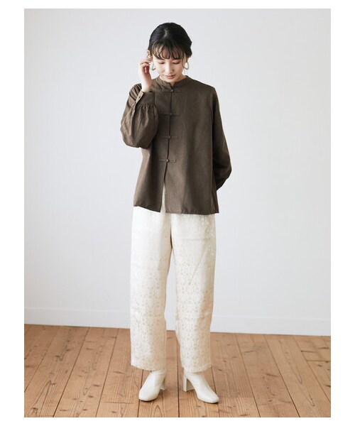 Green　Parks（グリーンパークス）の「・SUGAR SPOON サテンジャガードパンツ（パンツ・アイボリー/ピンク/ベージュ/グリーン・F）」の7枚目の写真