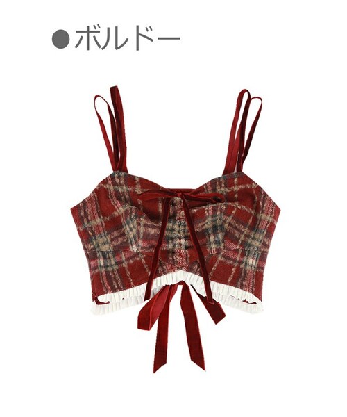 Bobon21（ボボンニジュウイチ）の「チェック柄ミニ丈キャミトップス-全２色-（キャミソール・レディース・ブラック/レッド・S/M/L）」の2枚目の写真