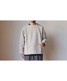 LAMOND.（ラモンド）の「【スウェット＆ロンTの折衷デザイン！】LA MOND  MILANO RIB PULL OVER ラモンド ミラノリブ ボートネックスウェット グレージュ/ブラウン（その他アウター・メンズ）」