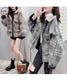 no brand（ノーブランド）の「チェック柄 ブルゾン ジャケット オーバーサイズ ウール 韓国ファッション レディース ショートコート ゆったり アウター 体型カバー 防寒 カジュアル ガーリー DTC-626375877036（ブルゾン）」