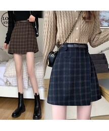 no brand（ノーブランド）の「ベルト付き チェック柄 ウール混 Aラインスカート 韓国ファッション レディース 台形スカート スカート ミニスカート ハイウエスト 大人可愛い ガーリー DTC-628370824527（スカート）」