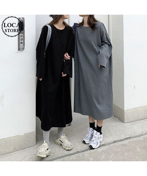 No Brand ノーブランド の ワンピース シンプル 無地 ロング丈 長袖 韓国ファッション レディース Tシャツワンピ ハイウエスト 大人可愛い ガーリー Dtc ワンピース Wear