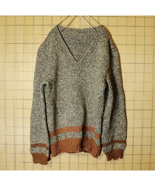 Flag By Alexia Stam フラッグバイアリシアスタン の Euro ウール ニット 総柄 セーター Vネック メンズsm相当 ブラウン グリーン ヨーロッパ古着 ニット セーター Wear