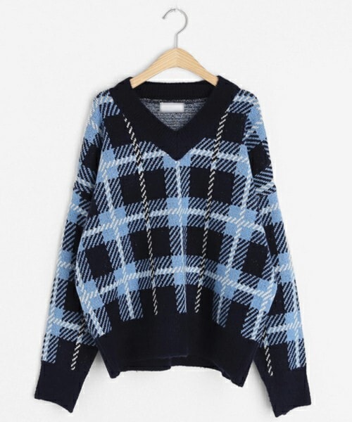 DHOLIC（ディーホリック）の「Vネックチェックニット（ニット/セーター