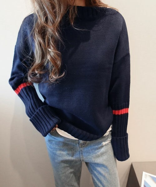 DHOLIC STYLE（ディーホリックスタイル）の「[naning9] カラーラインニット（ニット/セーター・レディース・ベージュ/ブラック/グレー/ブルー/ホワイト・FREE）」の5枚目の写真