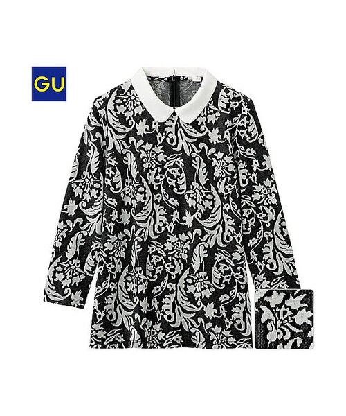 GU(ジーユー)の「(GU)ジャカードプルオーバー(7分袖)(WOMEN ⁄ カットソー(Tシャツ)・レディース・BLACK/BLUE/GRAY・L/S/M)」の1枚目の写真