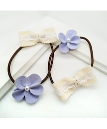 Handmade（ハンドメイド）の「小花リボンヘアゴム(薄スミレ色）（ヘアゴム・キッズ）」