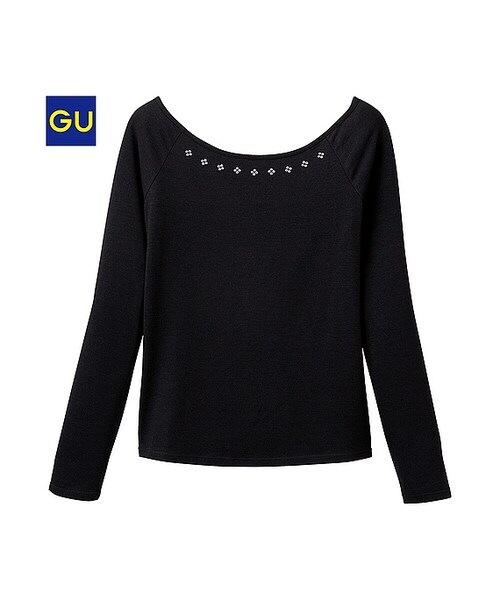 GU（ジーユー）の「（GU）ビジューオフショルダーＴ（長袖）（WOMEN ⁄ カットソー（Ｔシャツ）・レディース・OFF WHITE/BLUE/GRAY/BLACK・L/S/XL/M）」の2枚目の写真