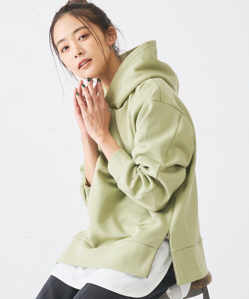 DISCOAT（ディスコート）の「起毛ダンボールZIP使いフードプルオーバー（Tシャツ/カットソー・レディース・ピスタチオ/ライトグレー/チャコールグレー・F）」の2枚目の写真