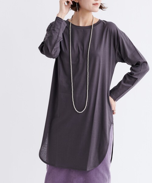 DouDou(ドゥドゥ)の「【新色追加】ラウンドヘムチュニックT(Tシャツ/カットソー・レディース・オフホワイト/グレージュ/モカ/チャコールグレー/ライトベージュ/トープ・F)」の1枚目の写真