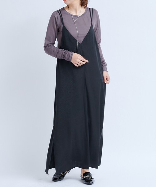 DouDou(ドゥドゥ)の「ワッシャーサテンセットワンピース(ワンピース・レディース・パープル/カーキ/ブラック・F)」の1枚目の写真