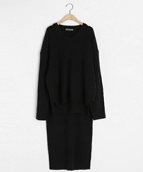 DHOLIC（ディーホリック）の「リブVネックニット&スカートSET（ニット/セーター・レディース・アイボリー/カーキ/ブラウン/ブラック・ONESIZE）」の2枚目の写真