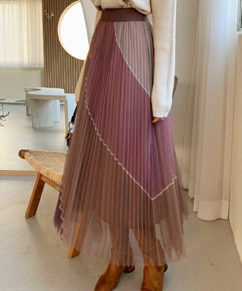DHOLIC（ディーホリック）の「チュールプリーツスカート（スカート・レディース・ディープブルー/ベージュ/ブラウン・ONESIZE）」の2枚目の写真