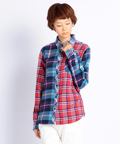 DOUBLE NAME（ダブルネーム）の「ネルチェック刺繍ＳＨＩＲＴ（トップス・ネイビー/レッド/キナリ/柄A・FREE）」の4枚目の写真