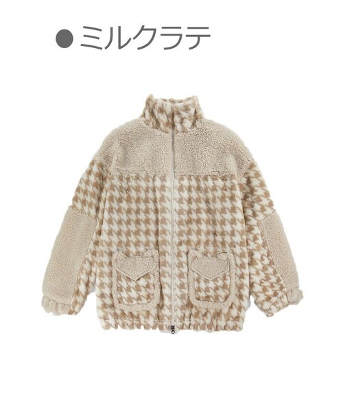 Bobon21(ボボンニジュウイチ)の「千鳥柄ボア×エコファーMIX中綿ジャケット-全2色-(ブルゾン・レディース・ピンク/ブラウン・S/M)」の2枚目の写真