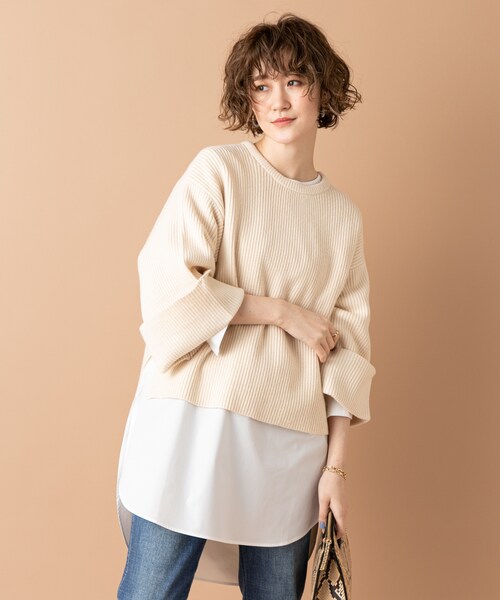 un dix cors(アンディコール)の「《予約》【単品でもセットでも着回し自在】シャツレイヤード7分袖ニット(ニット/セーター・レディース・アイボリー/サックスブルー/ネイビー・F)」の1枚目の写真