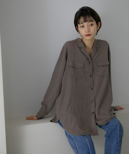 JENA サファリフレンチシャツ F ベージュ 金ボタン バンドカラー JENA サファリフレンチシャツ F ベージュ 金ボタン バンドカラー