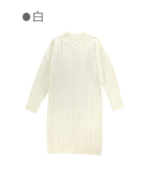 Bobon21（ボボンニジュウイチ）の「ケーブル柄Vネックニットワンピース-全２色-（ワンピース・レディース・ブラウン/ホワイト・Free）」の2枚目の写真