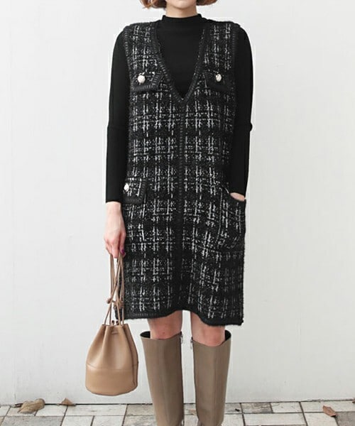 DHOLIC（ディーホリック）の「ニット&ツイード調ワンピースSET（ワンピース・レディース・ブルー/ブラック/ベージュ・ONESIZE）」の2枚目の写真