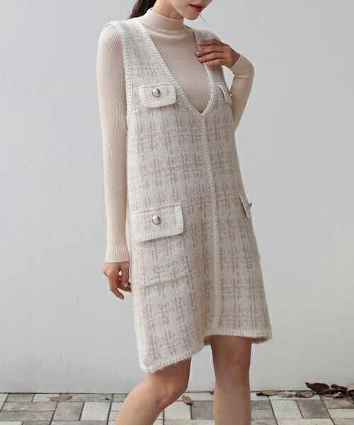 DHOLIC（ディーホリック）の「ニット&ツイード調ワンピースSET（ワンピース・レディース・ブルー/ブラック/ベージュ・ONESIZE）」の3枚目の写真