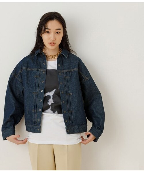 ADAM ET ROPE'（アダムエロペ）の「【WEB限定】BIGデニムブルゾン（ジャケット/アウター・レディース・ベージュ/ネイビー/ブラック・F）」の3枚目の写真