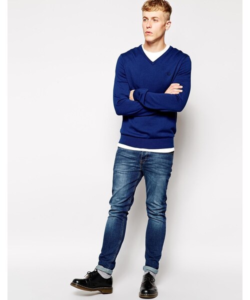 FRED PERRY（フレッドペリー）の「Fred Perry Sweater with V Neck（ニット/セーター・blue・XS-Chest 34-36"/M-Chest 38-40"/S-Chest 36-38"/L-Chest 40-42"/XL-Chest 42-44"/XXL-Chest 44-46"）」の4枚目の写真