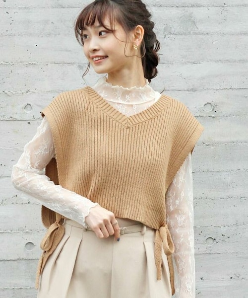 Crisp（クリスプ）の「リブリボンニットベスト[c1k2883]（ベスト・レディース・ベージュ/ブラウン・FREE）」の2枚目の写真