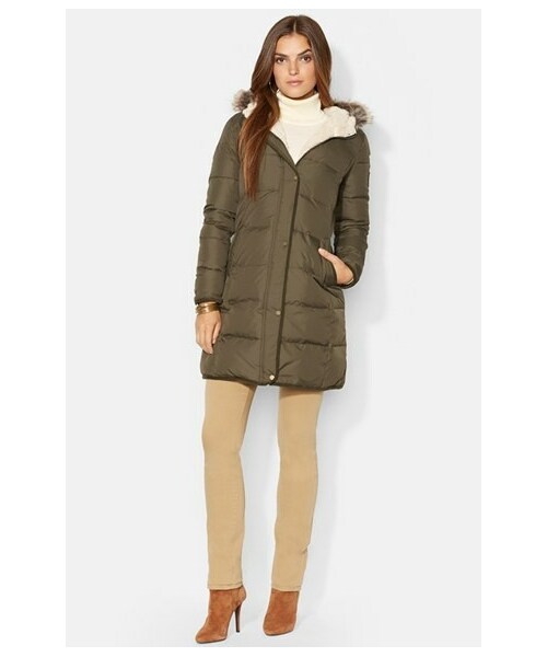 faux fur trim long quilted coat lauren ralph lauren