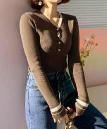 DHOLIC | リブ配色ボタンニット(ニット/セーター)