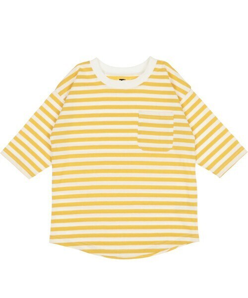 T>>2（ティーツー）の「ボーダー七分袖Tシャツ（Tシャツ/カットソー・レディース・杢グレー/イエロー/ミント/ピンク/ネイビー/ブラック・80-150/M(ママサイズ)/L(パパサイズ)）」の5枚目の写真