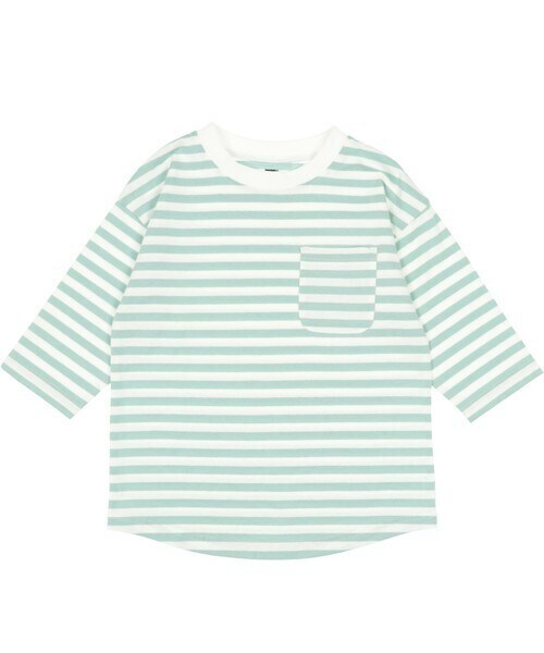T>>2（ティーツー）の「ボーダー七分袖Tシャツ（Tシャツ/カットソー・レディース・杢グレー/イエロー/ミント/ピンク/ネイビー/ブラック・80-150/M(ママサイズ)/L(パパサイズ)）」の3枚目の写真