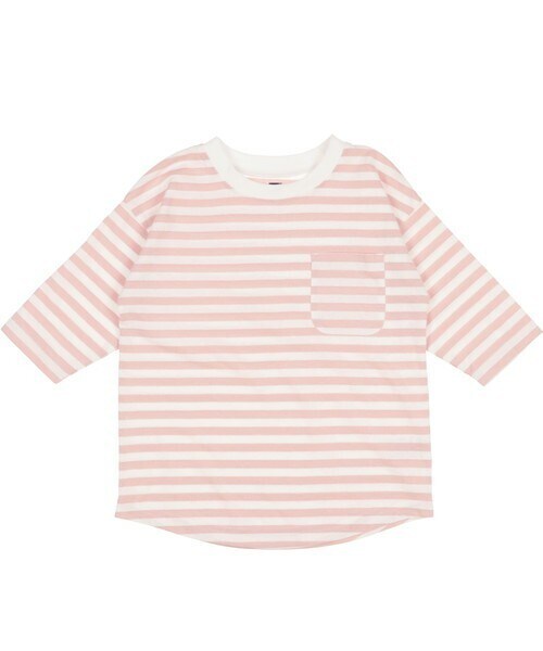 T>>2（ティーツー）の「ボーダー七分袖Tシャツ（Tシャツ/カットソー・レディース・杢グレー/イエロー/ミント/ピンク/ネイビー/ブラック・80-150/M(ママサイズ)/L(パパサイズ)）」の6枚目の写真