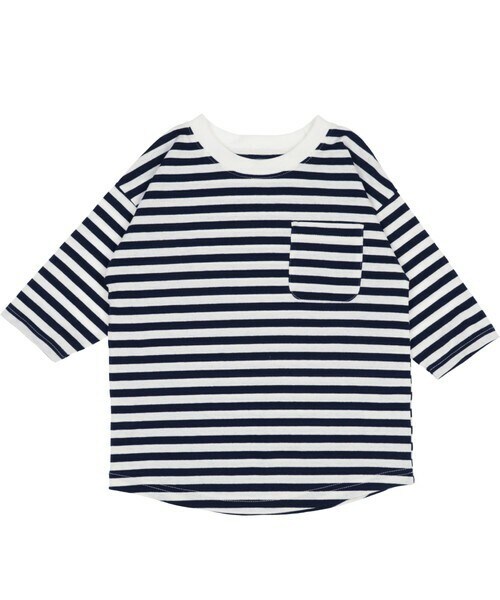 T>>2（ティーツー）の「ボーダー七分袖Tシャツ（Tシャツ/カットソー・レディース・杢グレー/イエロー/ミント/ピンク/ネイビー/ブラック・80-150/M(ママサイズ)/L(パパサイズ)）」の4枚目の写真