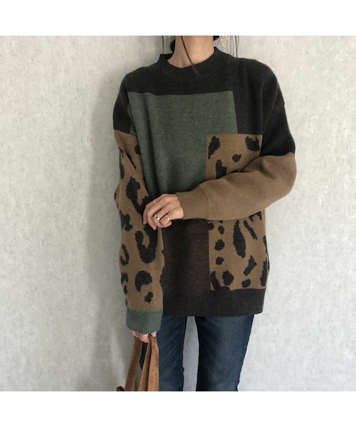 copine（コピン）の「レオパード柄がアクセント！おしゃれもっちりニット（2color）（ニット/セーター・レディース・ブラウン/グリーン・ワンサイズ）」の2枚目の写真