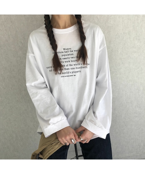copine(コピン)の「【2021ss】袖までゆったりオーバーサイズ!シンプルロゴプリントロンT(2color)【クリックポスト対象商品】(Tシャツ/カットソー・レディース・ホワイト/ワンサイズ・ワンサイズ/着丈62cm 身幅55cm)」の1枚目の写真