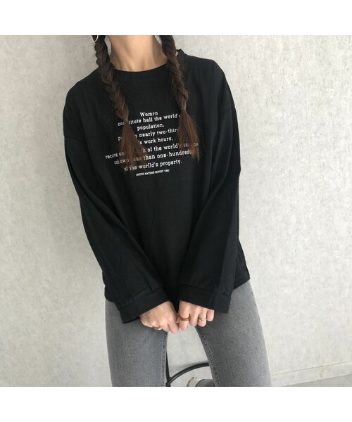 copine(コピン)の「【2021ss】袖までゆったりオーバーサイズ!シンプルロゴプリントロンT(2color)【クリックポスト対象商品】(Tシャツ/カットソー・レディース・ホワイト/ワンサイズ・ワンサイズ/着丈62cm 身幅55cm)」の2枚目の写真