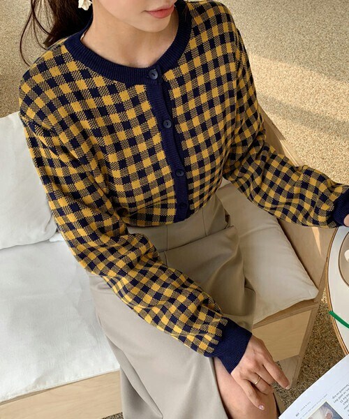 DHOLIC（ディーホリック）の「チェックカーディガン（カーディガン/ボレロ・レディース・スカイブルー/イエロー/ホワイト/グリーン/ベージュ・ONESIZE）」の3枚目の写真